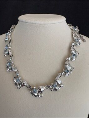 Silver Floral Necklace with Light Blue Stones - Women Jewelry 14”